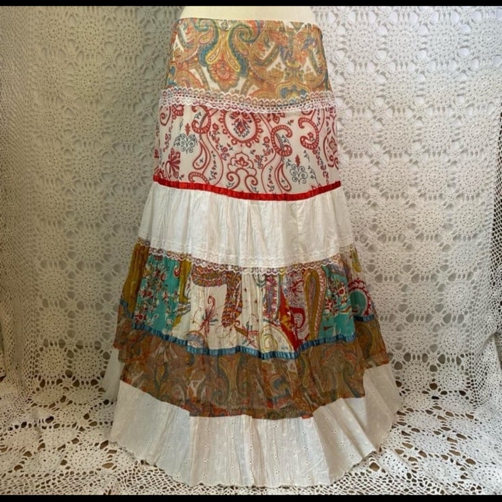 American Vintage Multicolor patchwork Paisley lace and ribbon Maxi Skirt